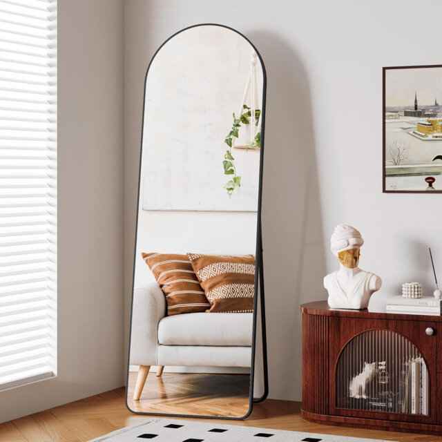 Arched Full Length Mirror 162 x 53 cm Wall-Mounted & Free Standing with Metal Stand Aluminium Frame HD Tempered Glass Full Body Mirror