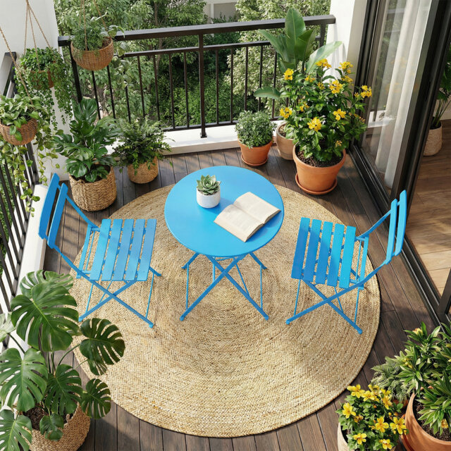 3 Piece Foldable Patio Bistro Set, Outdoor/Indoor Metal Table and Chairs Furniture, Compact Round Table with 2 Folding Chairs for Balcony, Porch, Deck