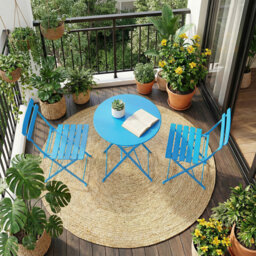3 Piece Foldable Patio Bistro Set, Outdoor/Indoor Metal Table and Chairs Furniture, Compact Round Table with 2 Folding Chairs for Balcony, Porch, Deck