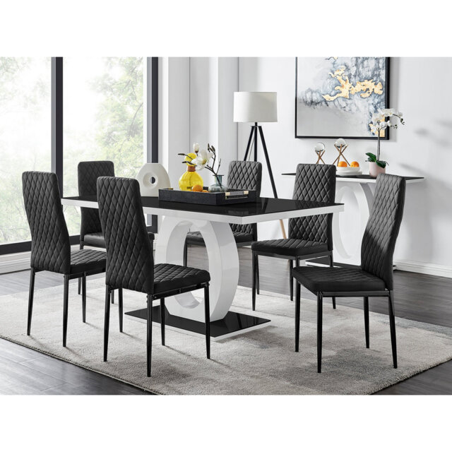 Eubanks Scottsmoor Modern Halo 6 Seat Dining Table Set - Luxury Velvet Dining Chairs