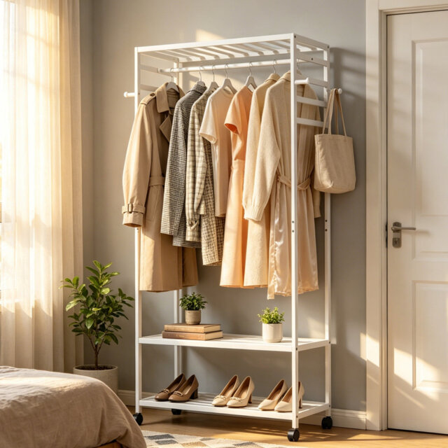 Heavy Duty Bamboo Clothes Rail Rack Garment Hanging Stand Corner Open Wardrobe