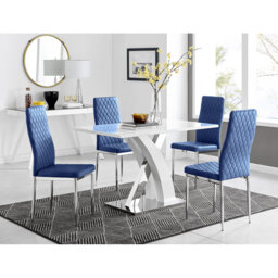Marietta Chrome Metal and White High Gloss Dining Table Set - 4 Luxury Velvet Dining Chairs