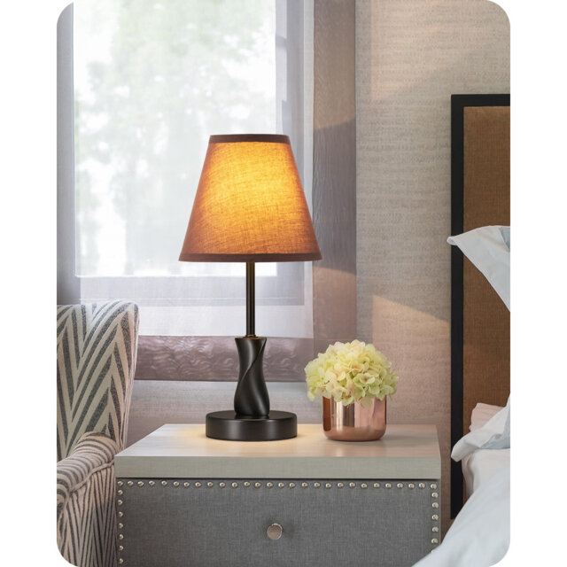 Bedroom Table Lamp, Modern Bedside Lamp With Brown Fabric Linen Shade, Solid Wood Base, Small Lamps For Living Room Office, E27 2700K Bulb Included