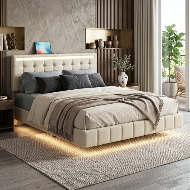 EU Double & King Floating Linen Bed Frame with Dual-Zone LED & USB Charging, Adjustable Tufted Headboard, Beige/Grey, 140/160x200cm