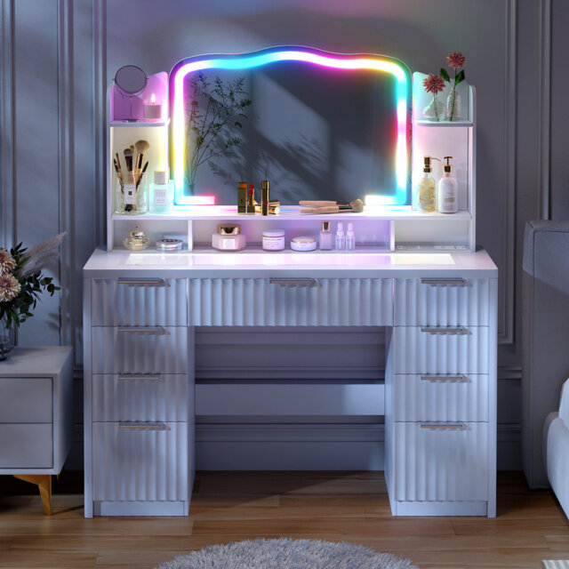 Modern Large Dressing Table with 9 Drawers, Tempered Glass Top, RGB Light Mirror, and Charging Station