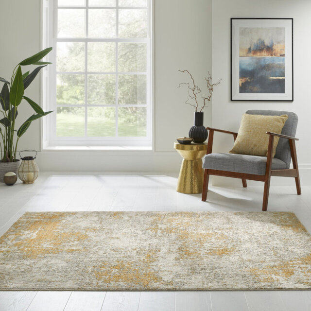 Ivory Gold Abstract 7Mm Thick Anti Shed Rug, Stain Resistant Modern Rug For Bedroom, & Living Room