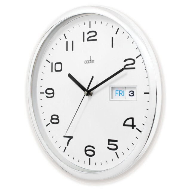 Acctim Supervisor Wall Clock Quartz Chromed Case Date / Day Display Easy Read Numbers Chrome 32cm