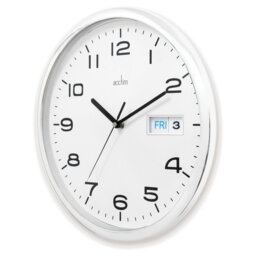 Acctim Supervisor Wall Clock Quartz Chromed Case Date / Day Display Easy Read Numbers Chrome 32cm