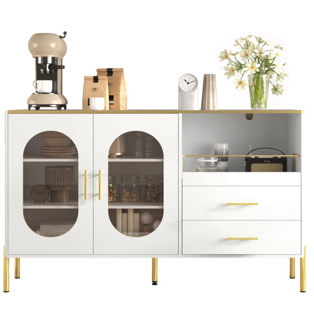 120 Cm Wide Sideboard With 2 Drawers And 2 Glass Doors