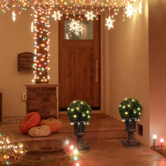 2 PCS 12â Artificial Plant Topiary Ball with Pot, Faux Boxwood Balls with LED, Topiary Balls Artificial Outdoor Set of 2 for Backyard, Balcony, Gard