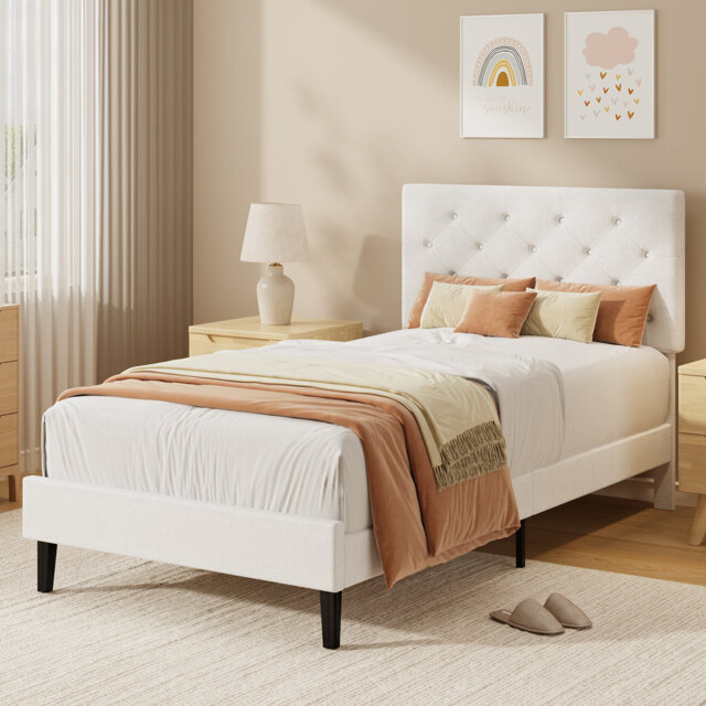 Bed Frames with Button Tufted Headboard, Linen Upholstered Bed with Wooden Slats Support