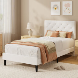 Bed Frames with Button Tufted Headboard, Linen Upholstered Bed with Wooden Slats Support