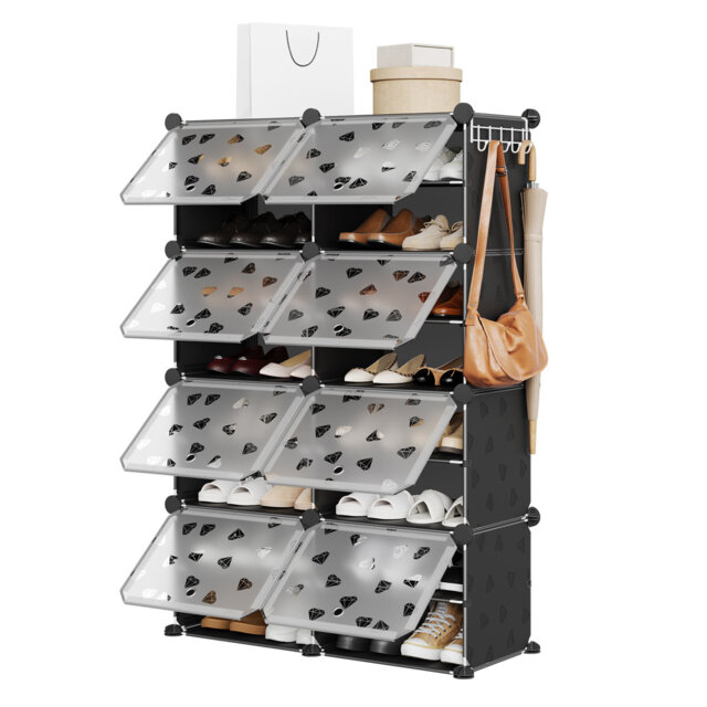 8-Cube Freestanding Modular Shoe Storage Organizer with Translucent Doors & 5 Side Hooks, Holds Up to 32 Pairs for Entryway, Closet and Mudroom