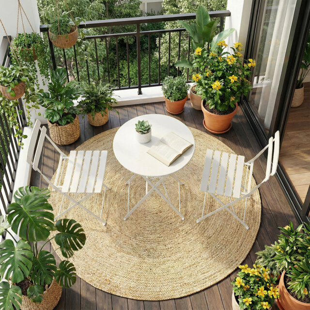 3 Piece Foldable Patio Bistro Set, Outdoor/Indoor Metal Table and Chairs Furniture, Compact Round Table with 2 Folding Chairs for Balcony, Porch, Deck