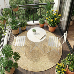3 Piece Foldable Patio Bistro Set, Outdoor/Indoor Metal Table and Chairs Furniture, Compact Round Table with 2 Folding Chairs for Balcony, Porch, Deck