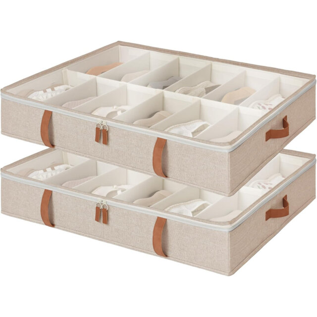 Under Bed Shoe Storage Organizer, Underbed Shoes Container With Adjustable Dividers, Shoe Storage Basket With Cover, Brown, 2-Pack, Space-Saving Shoe