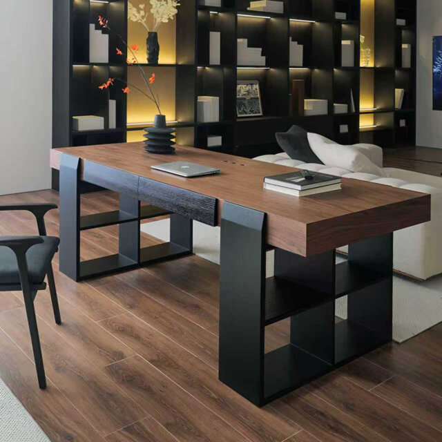 Modern Walnut 70.86'' W Writing Desk With Drawer & Bookshelf Storage For Office And Home Office