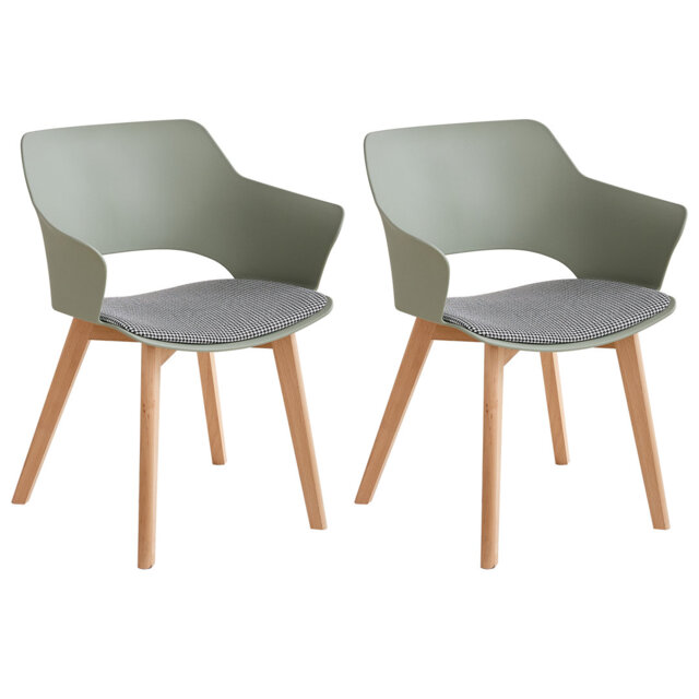 Set Of 2 Modern Armrest Dining Chairs - Plastic Chairs - Wooden Legs - Green