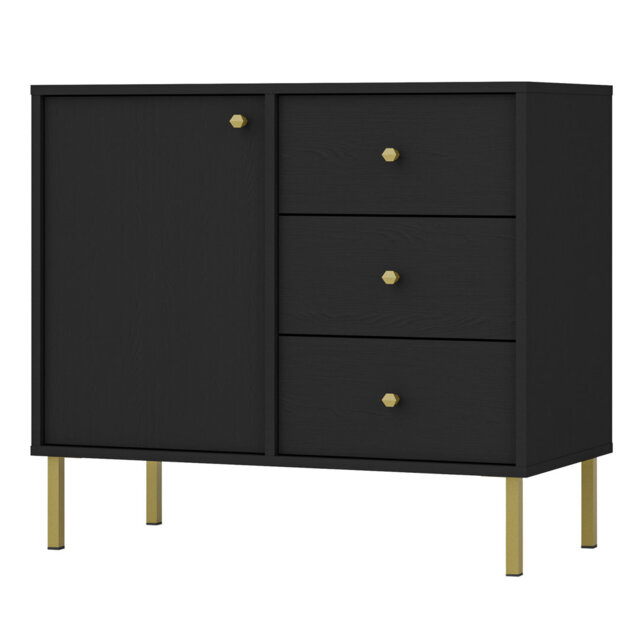 Alexxandra One-Door Sideboard with Three Drawers 84 cm Graphite Black on Gold Legs