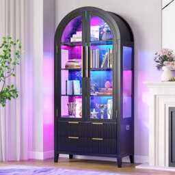 Freestanding Arch Display Cabinet with RGB Lights and Motion Sensor, Large Capacity Tempered Glass Doors Office Storage Cabinets