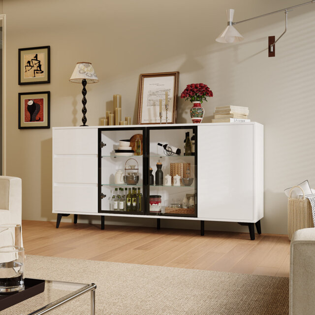 160cm High Gloss Sideboard with 3-Colour LED, 2 Glass Doors, 1 Cupboard & 3 Drawers - Modern White