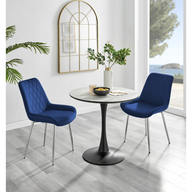 Ellis White Marble Effect Melamine Round Dining Table Set with 2 Luxury Velvet Dining Chairs