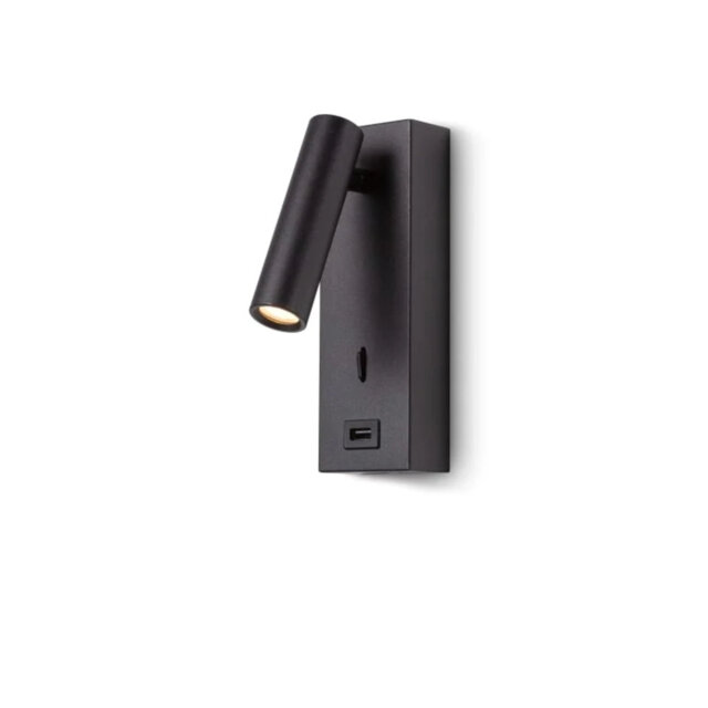 UltraBeam 3 Watt LED Black Wall Mounted Bedroom Reading Light With USB Charging Port