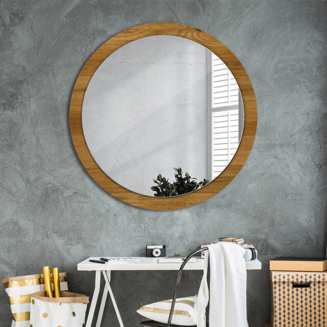 Huldar Round Glass Framed Wall Mounted Accent Mirror in Brown