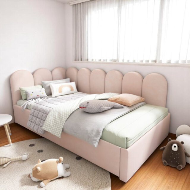 Pink Velvet Upholstered 3FT Single Sofa Bed 90X190cm With Pull-Out Trundle Bed With Metal Slatted Frame