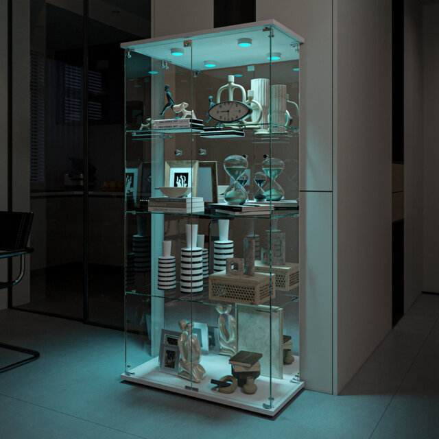 "65"" Glass Cabinet Display Tall With Mirrored Back Panel, 4-Shelf Glass Display Cabinets With LED Display Case For Collectibles, Showcase Cabinet For L"