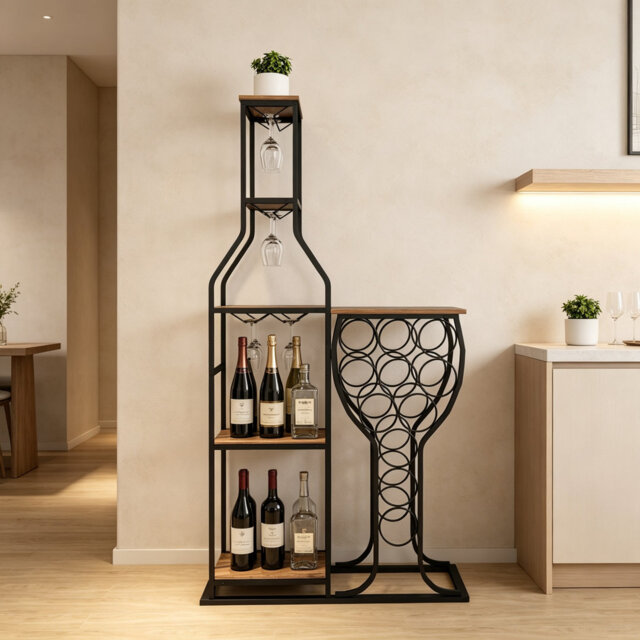 Wine Bottle & Glass Rack Rustic Brown + Black