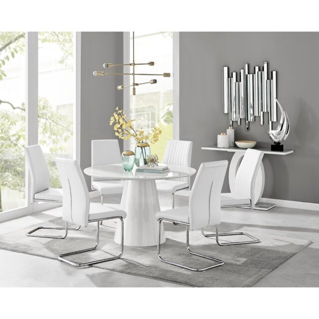 Edzard Statement Pedestal Round Dining Table Set & 6 Luxury Faux Leather Dining Chairs