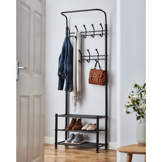 Hallway Coat Stand Steel Hall Tree with Shoe Storage