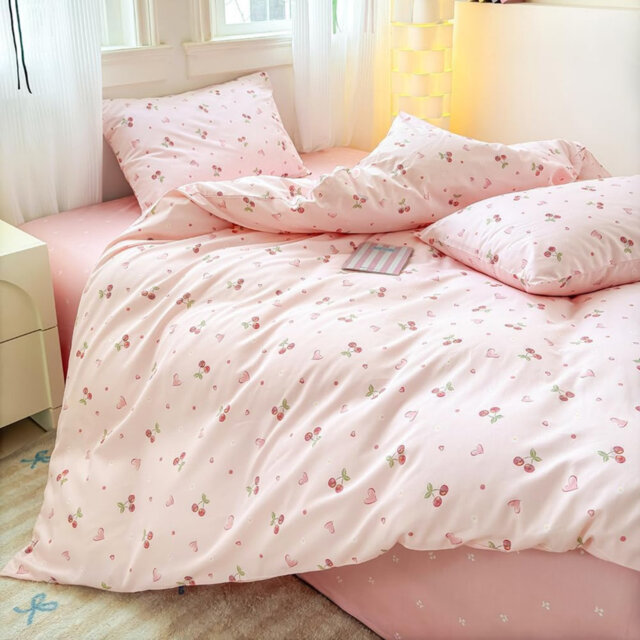 Cotton Cherry Duvet Cover Set Single Pink Love Heart Bedding Set Cotton Comforter Cover 135 x 200cm