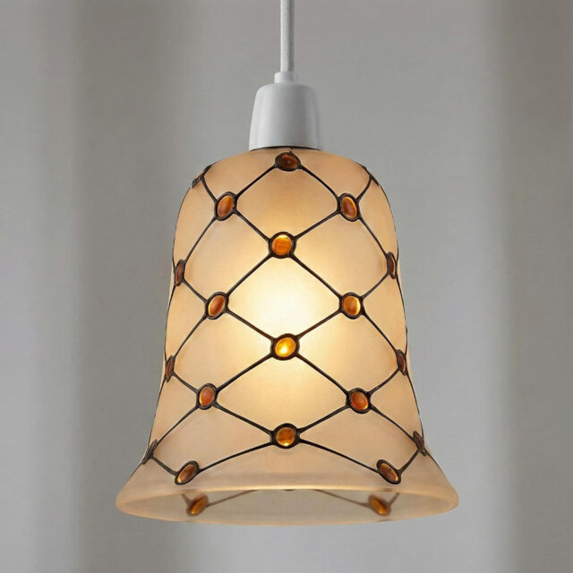 Glass Lamp Shade with Amber Bead Mosaic Design, Bell Shaped Replacement Light Shade for Pendant Ceiling Lights, Easy Fit E27, Vintage Style for Living