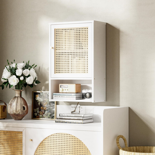 Bathroom Wall Cabinet, Rattan Medicine Cabinet, Bamboo Hanging Storage Organizer Over The Toilet With Adjustable Shelf For Living Room, Kitchen, Hallw