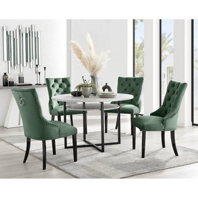 Adler Concrete Effect Round Dining Table Set with Shelf & 4 Luxury Button Velvet Dining Chairs