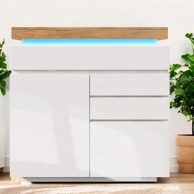 White High-Gloss Sideboard With 2 Doors And 3 Drawers,Storage With RGB LED(App-Controlled) Multi-Purpose Cabinet