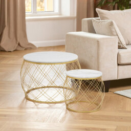 Set Of Two Side Tables With White Marble Top And Gold Frame