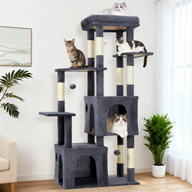150cm Multi-Level Cat Climbing Tree Cat Tower for Indoor Large Cats, 7 Sisal Posts 2 Cages 2 Balls 4 Perches