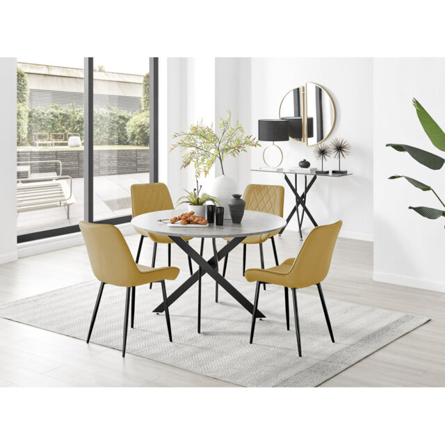 Tierra Modern Chrome Metal & Glass Round Dining Table Set with 4 Luxury Velvet Dining Chairs