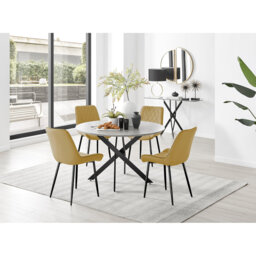 Tierra Modern Chrome Metal & Glass Round Dining Table Set with 4 Luxury Velvet Dining Chairs