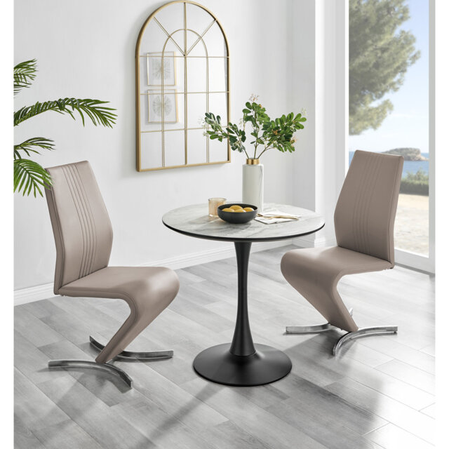 Ellis White Marble Effect Melamine Round Dining Table Set with 2 Modern Design Faux Leather Chairs