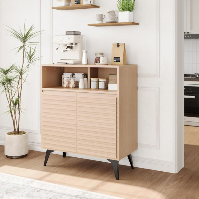 Fluted Sideboard Cabinet, Freestanding Natural Buffet Cabinet with Adjustable Shelf, Wood Storage Cabinet for Living Room, Entryway, Hallway