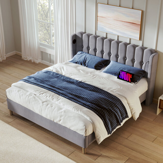 Velvet Grille-Panel Bed With Charging Station