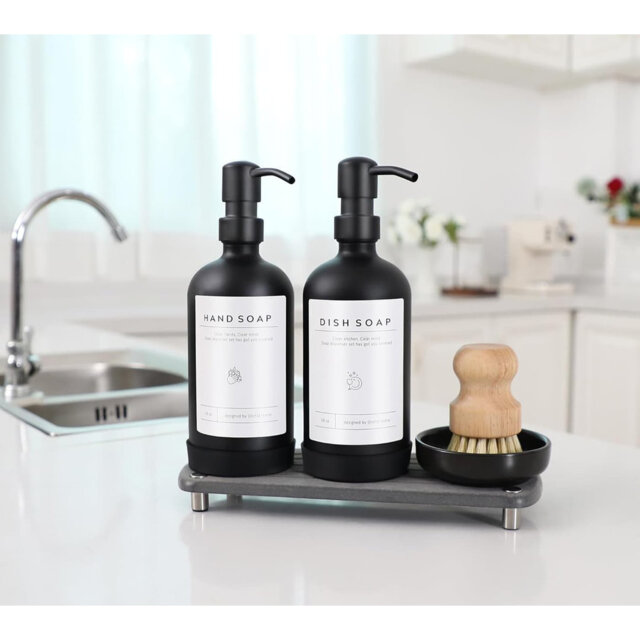 16oz Clear Glass Kitchen Soap Dispenser Set - Stainless Steel Pump, Dry Tray & Accessories - Labels, Silicone Pad & Dish Brush