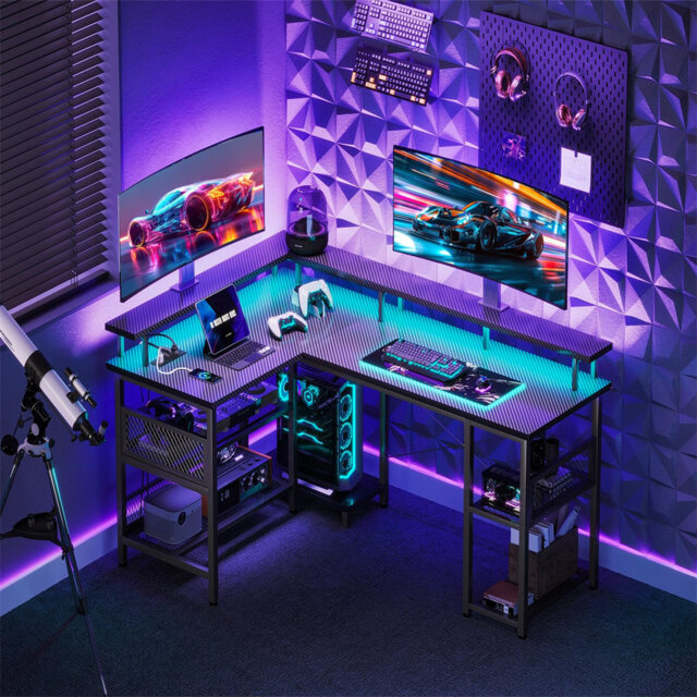 L Shaped Gaming Desk With LED Lights & Power Outlets