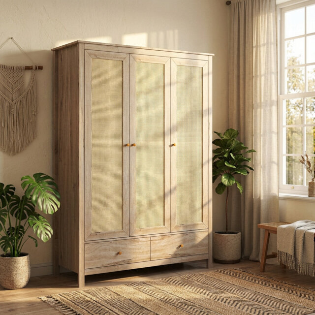 Anie Oak & Rattan 3 Door Triple Wardrobe With 2 Drawers