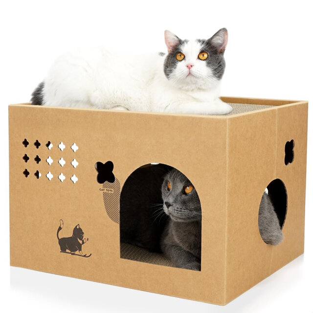 Large Cat Cardboard House with 2 Scratching Pads, Detachable Scratcher Box for Indoor Cats