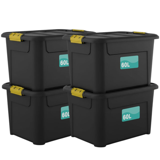4 Pack 60L Heavy Duty Plastic Storage Boxes, Black Container with Yellow Lock Clip Handles, Stackable Nestable Storage Bins for Home Office School Cra